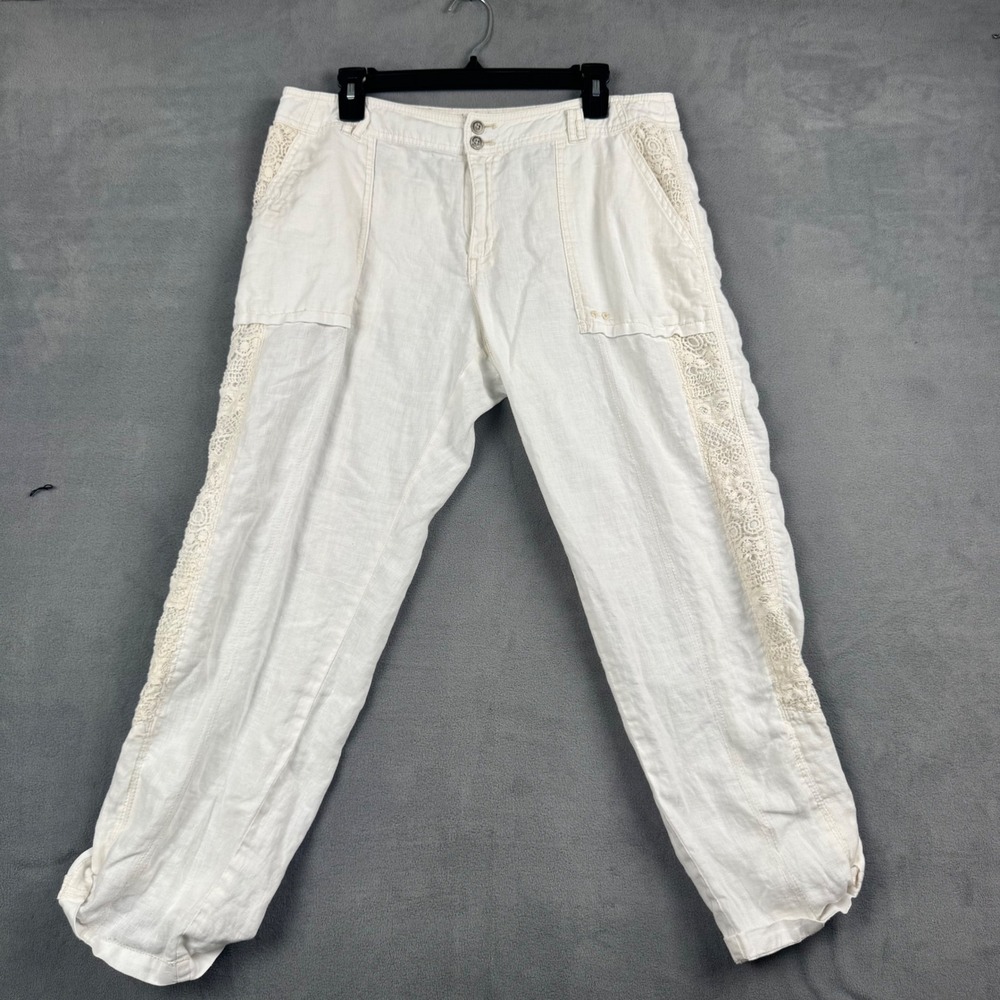 Hei Hei Anthropologie White Linen Crochet Lace Side Panel Pants Size 32 Boho